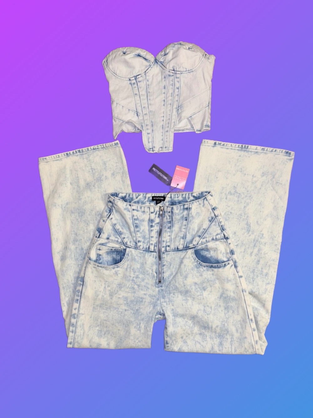 Pretty Little Thing ~ Size 6 ~ Denim Blue Acid Wash ~ Top  & Pants Set ~ New